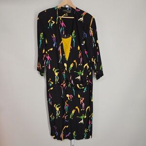 St Gillian by Kay Unger Vintage 90s Abstract Art Print Rayon Midi Dress Black 14